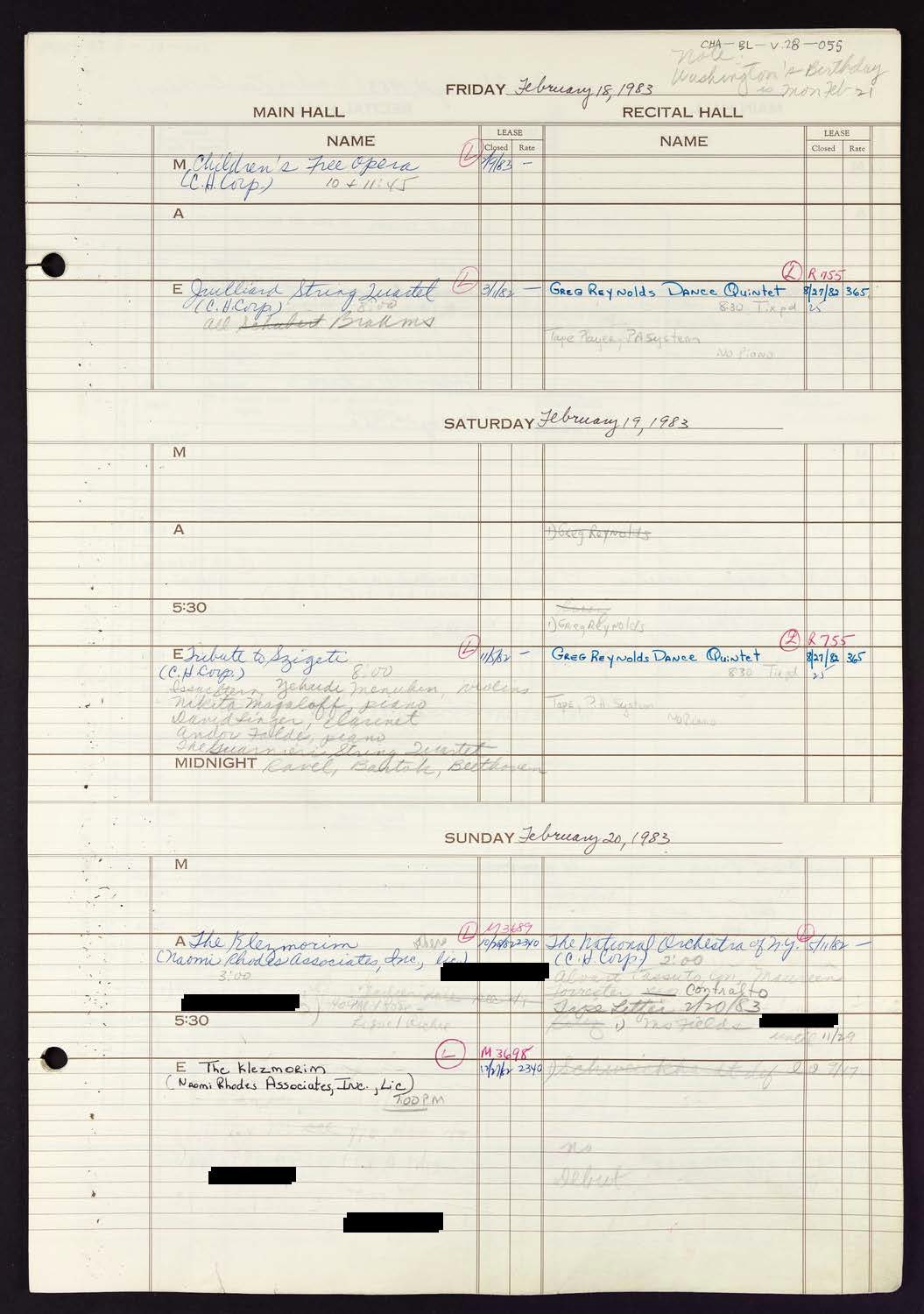 Carnegie Hall Booking Ledger, volume 28, page 55