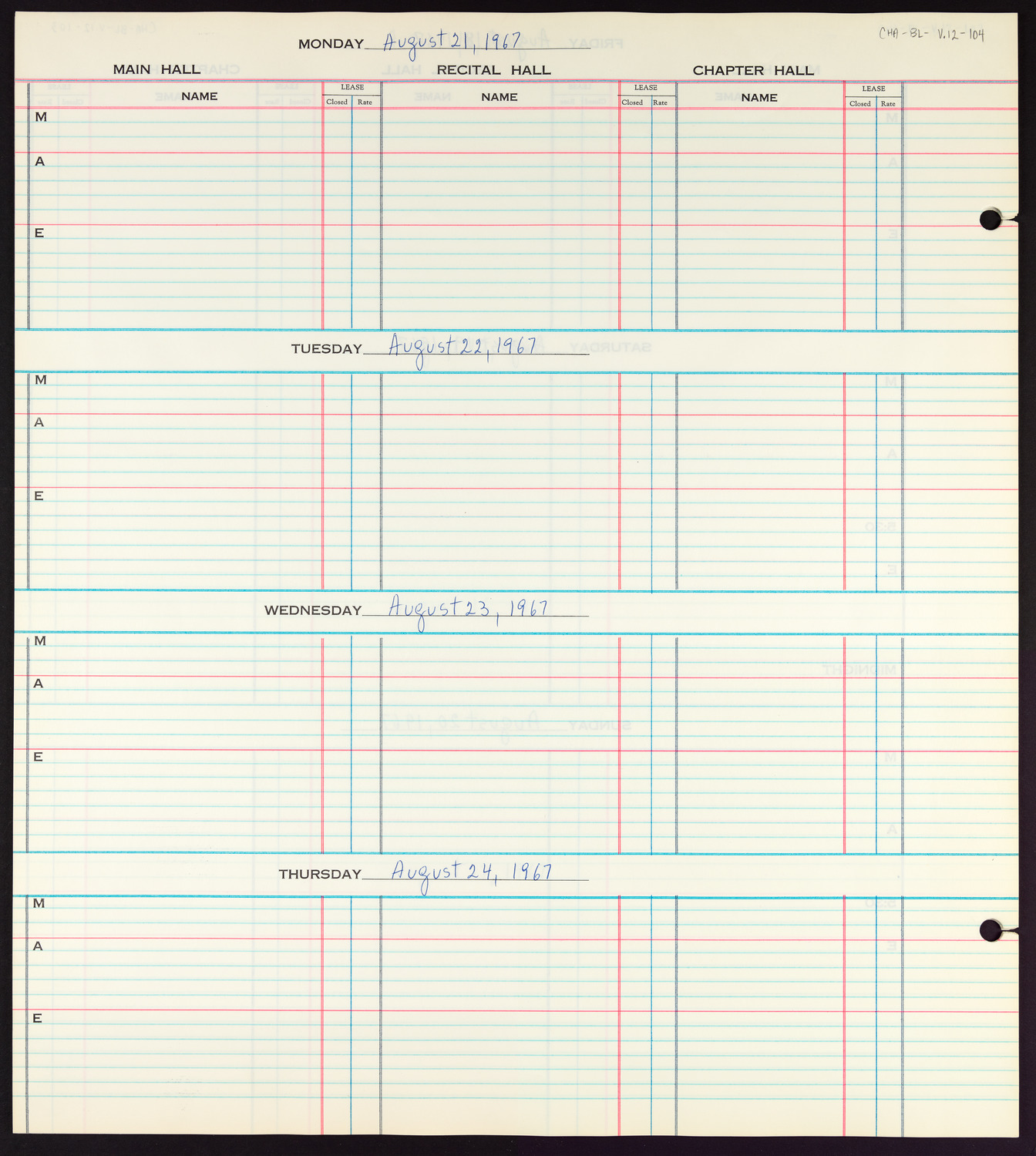 Carnegie Hall Booking Ledger, volume 12, page 104