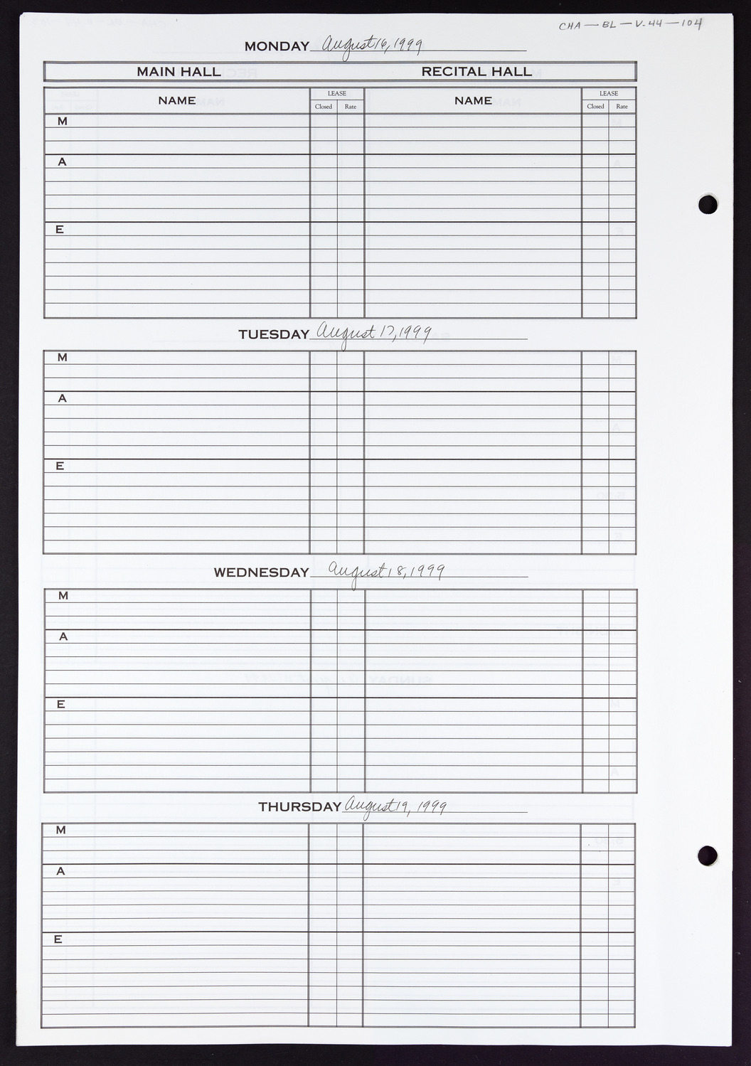 Carnegie Hall Booking Ledger, volume 44, page 104