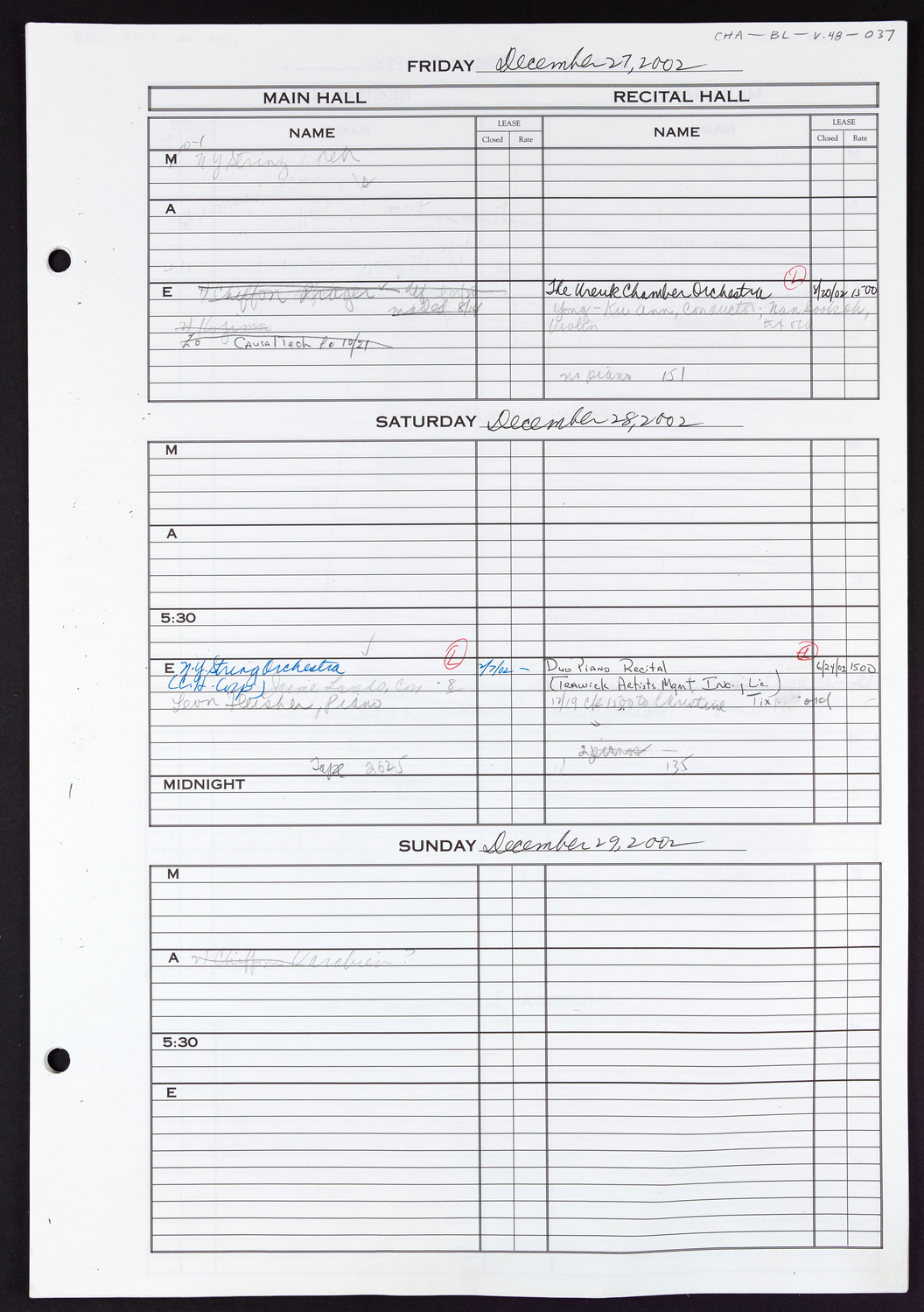 Carnegie Hall Booking Ledger, volume 48, page 37