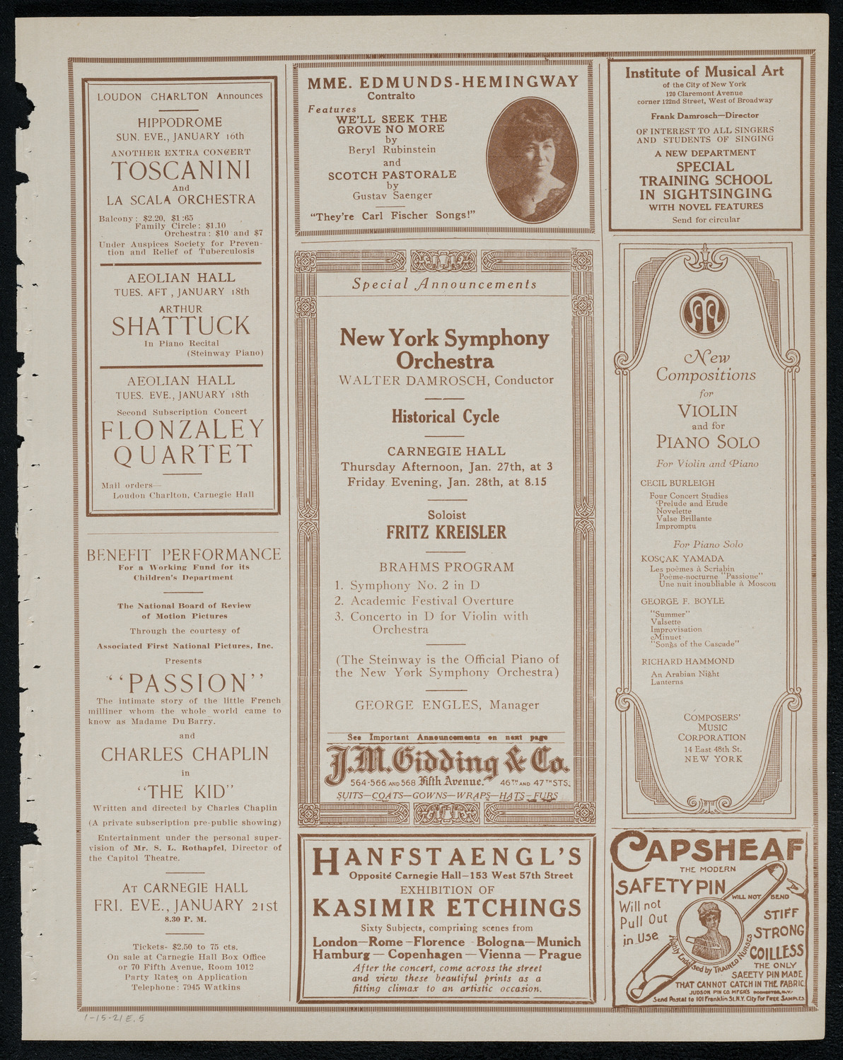 National Symphony Orchestra, January 15, 1921, program page 9