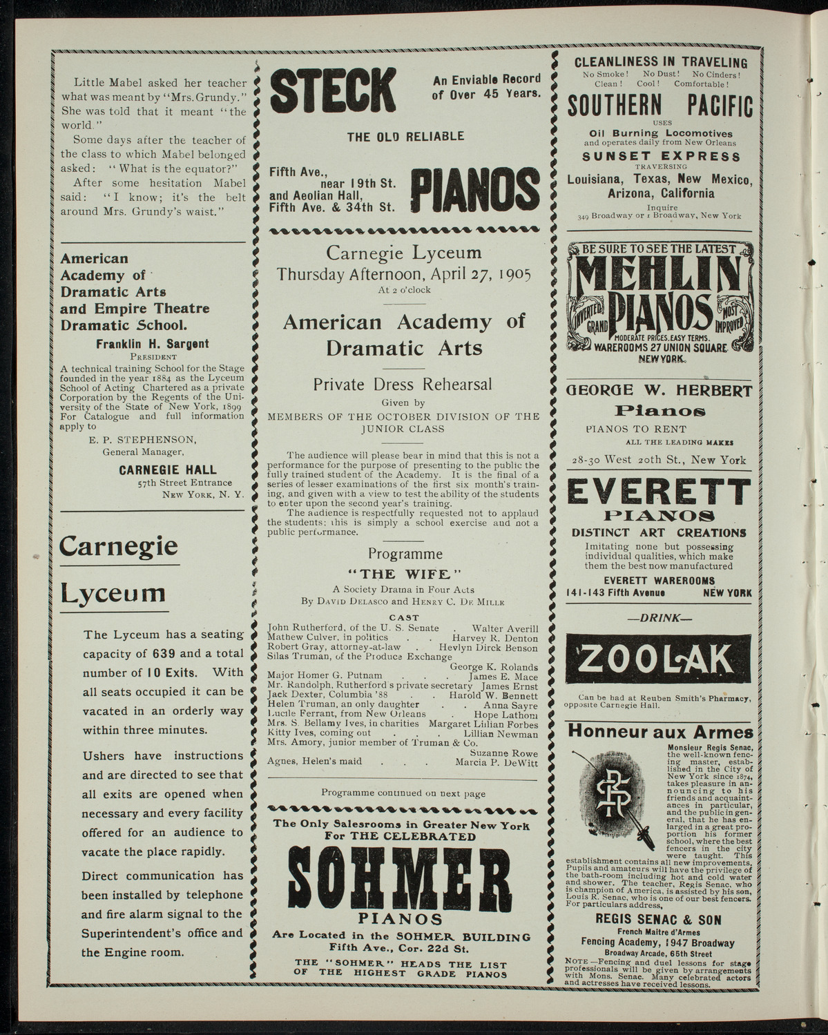 American Academy of Dramatic Arts Private Dress Rehearsal, April 27, 1905, program page 2