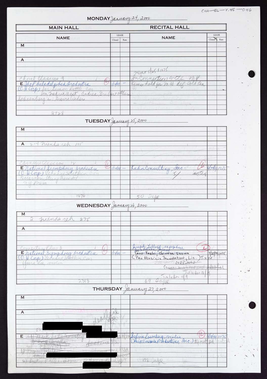 Carnegie Hall Booking Ledger, volume 45, page 46