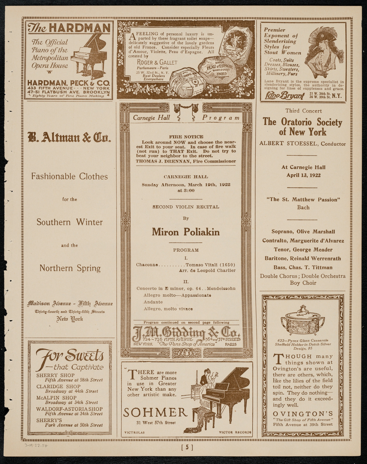 Miron Poliakin, Violin, March 19, 1922, program page 5