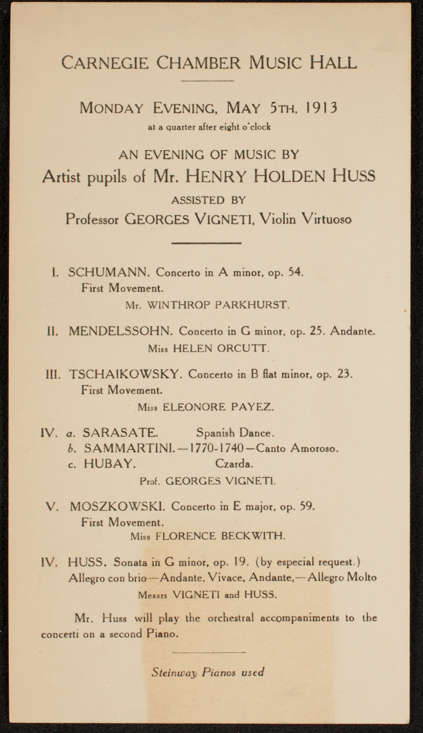 Students of Henry Holden Huss, May 5, 1913, program page 1