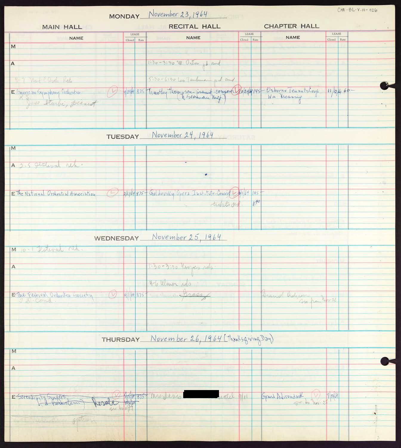 Carnegie Hall Booking Ledger, volume 10, page 26