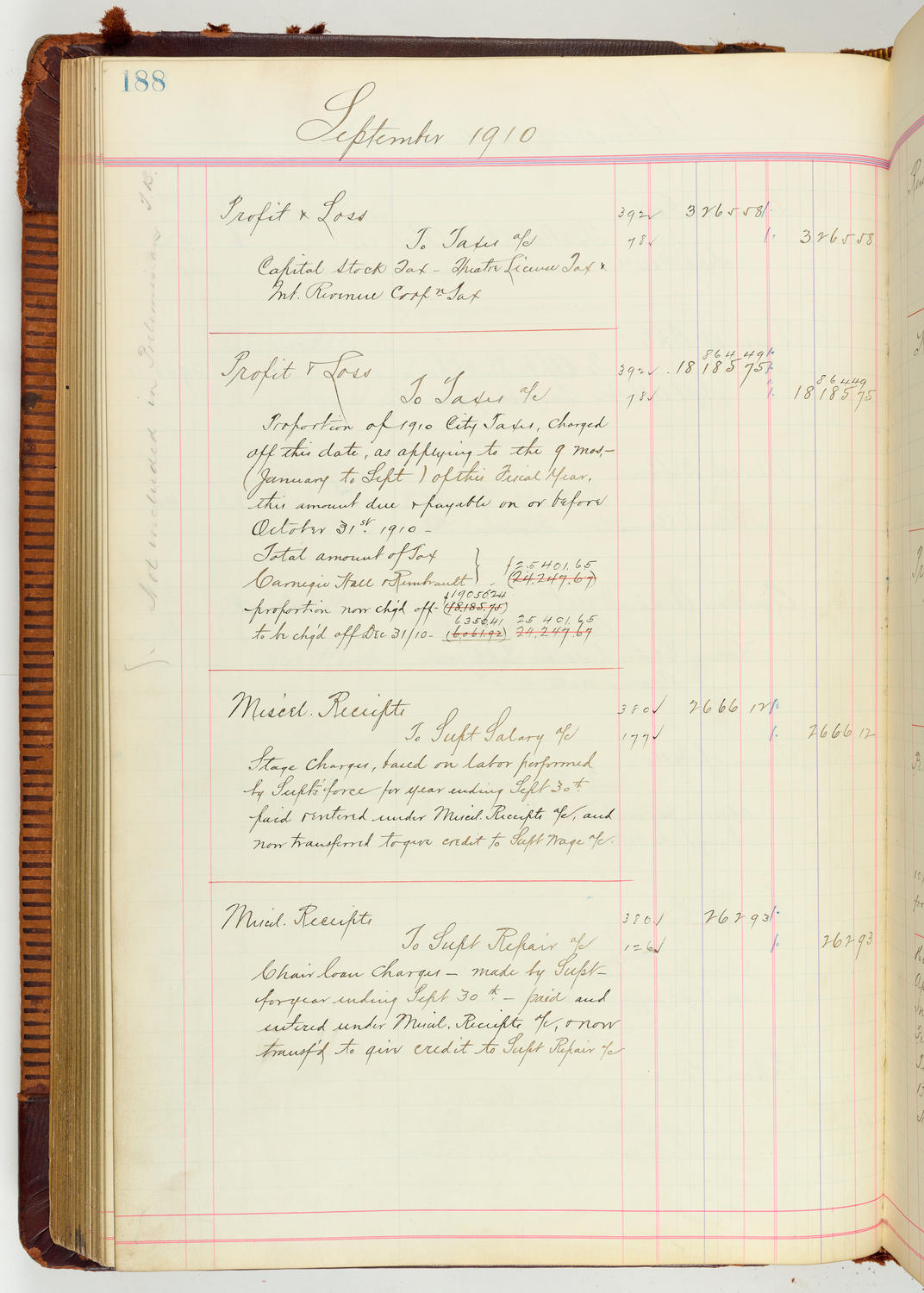 Music Hall Accounting Ledger Journal, volume 7, page 188
