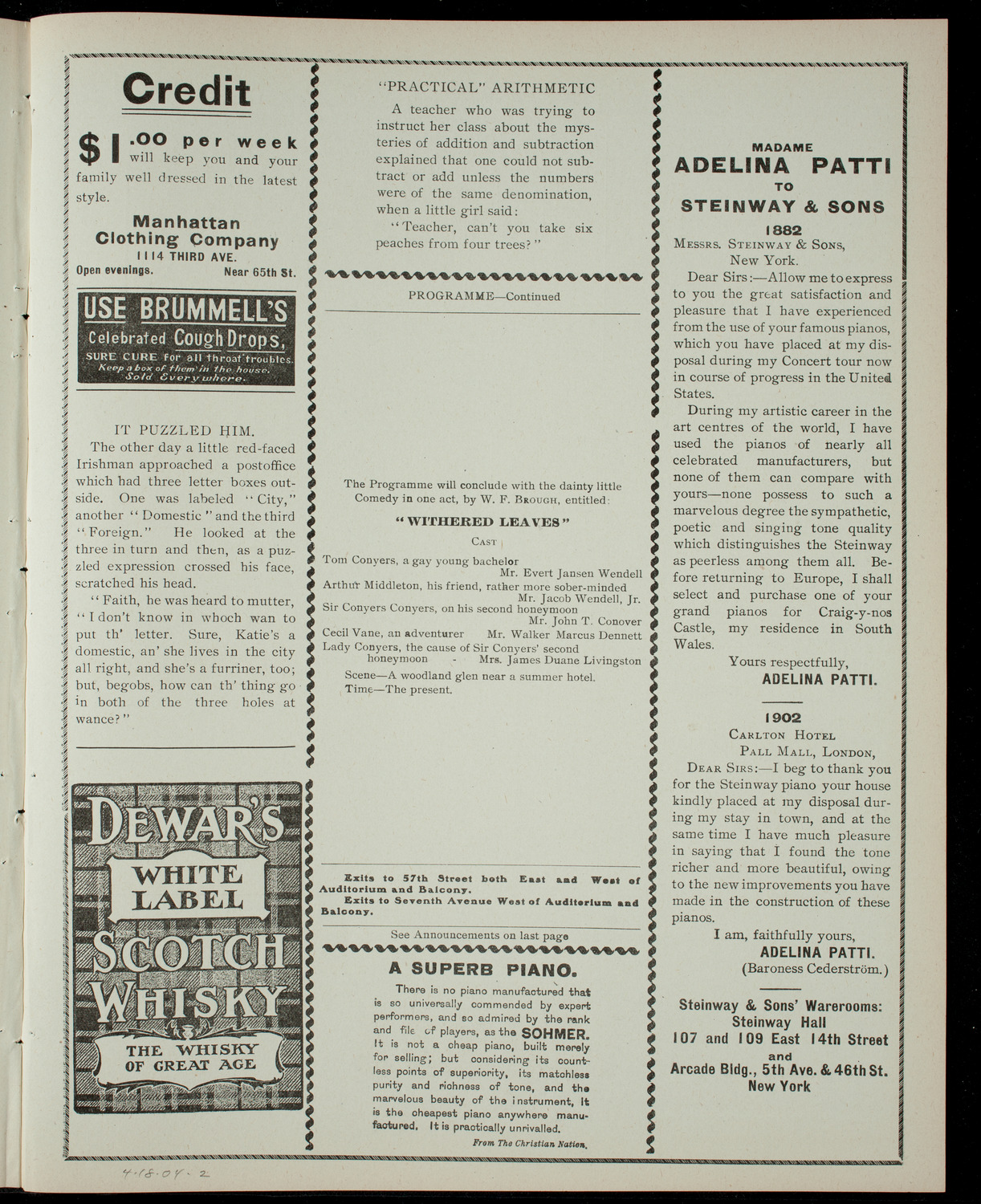 Benefit for the Scholarship Fund of theNational Society of New England Women, April 18, 1904, program page 3