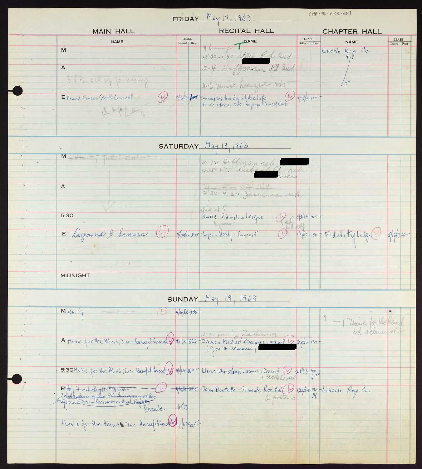 Carnegie Hall Booking Ledger, volume 8, page 67