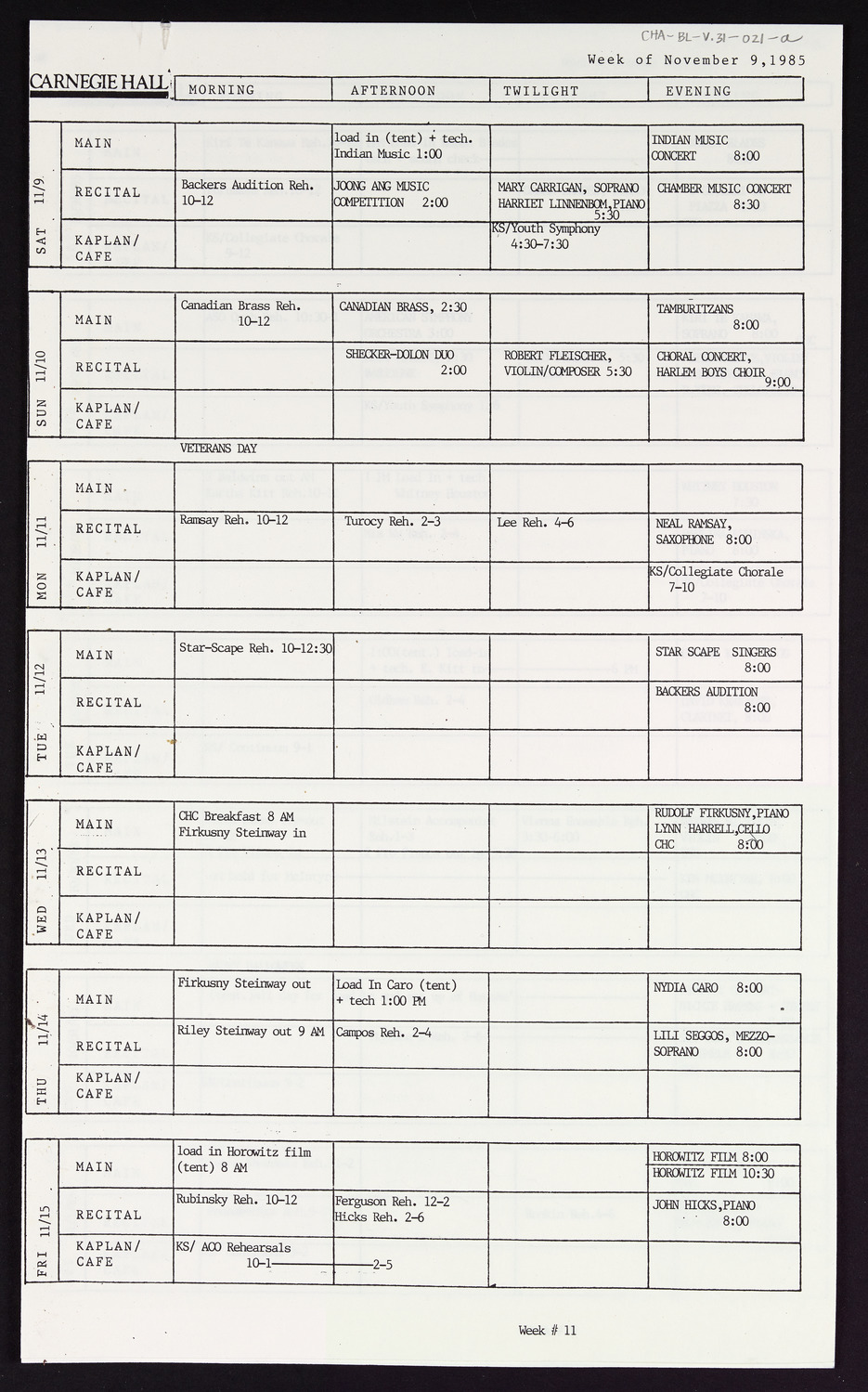 Carnegie Hall Booking Ledger, volume 31, page 21a