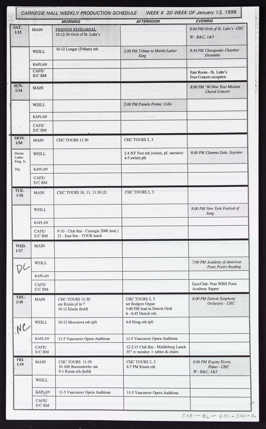 Carnegie Hall Booking Ledger, volume 41, page 41a