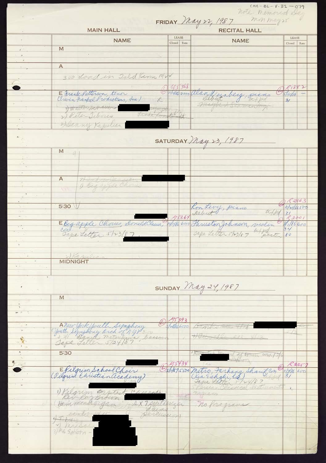 Carnegie Hall Booking Ledger, volume 32, page 79