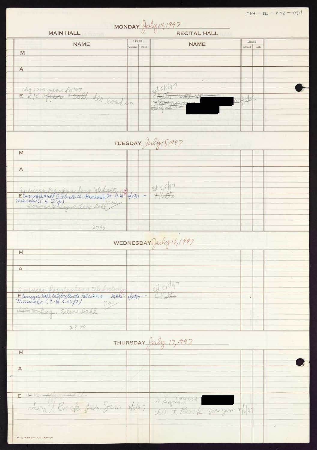 Carnegie Hall Booking Ledger, volume 42, page 94