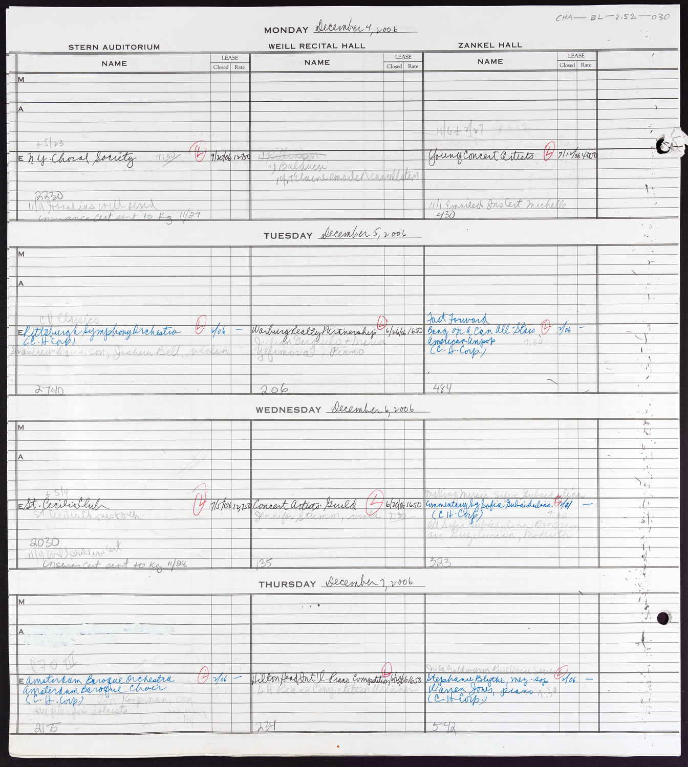 Carnegie Hall Booking Ledger, volume 52, page 30