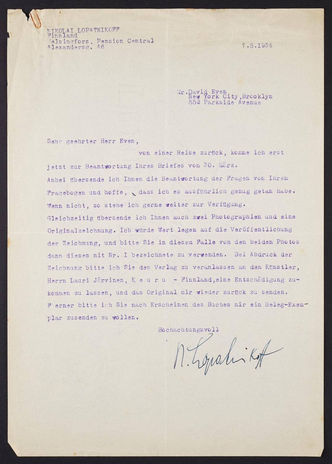 Correspondence from Nikolai Lopatnikoff to David Ewen, page 1 of 5