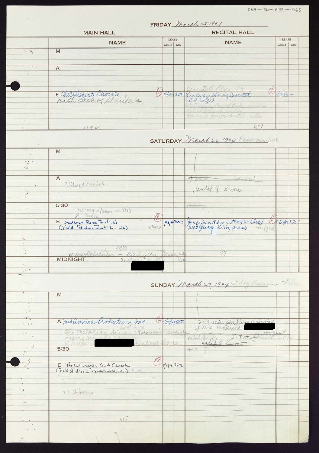 Carnegie Hall Booking Ledger, volume 39, page 63