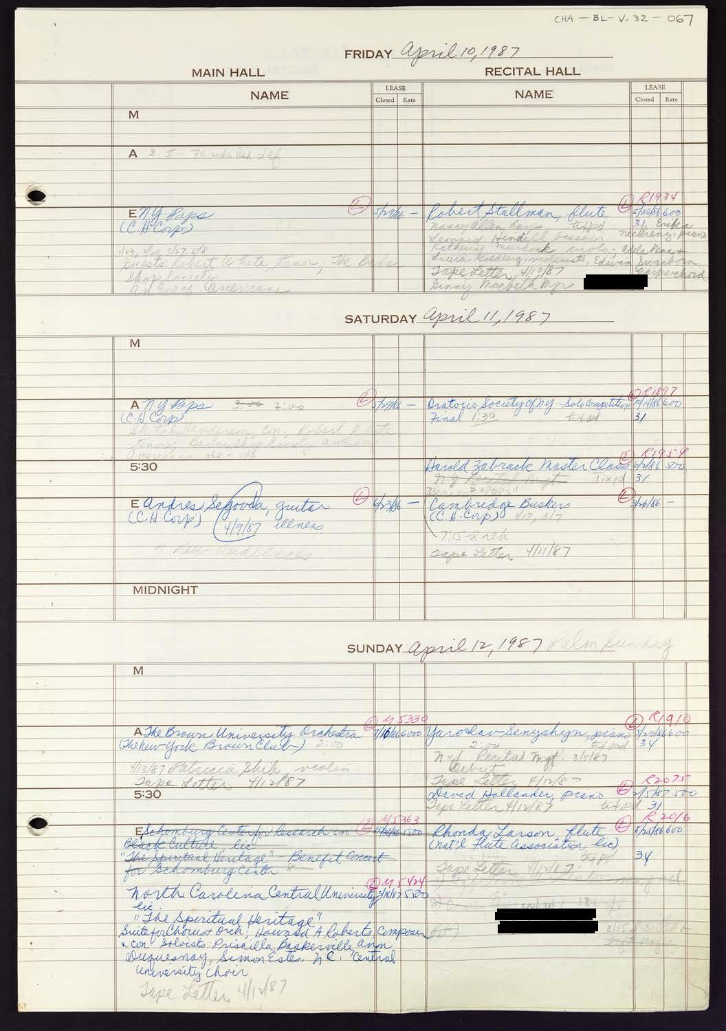 Carnegie Hall Booking Ledger, volume 32, page 67