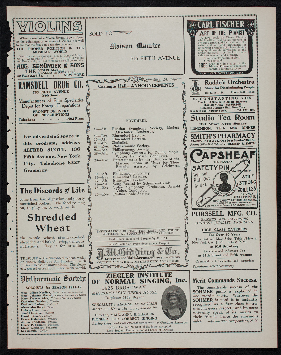 Russian Symphony Society of New York, November 18, 1911, program page 3