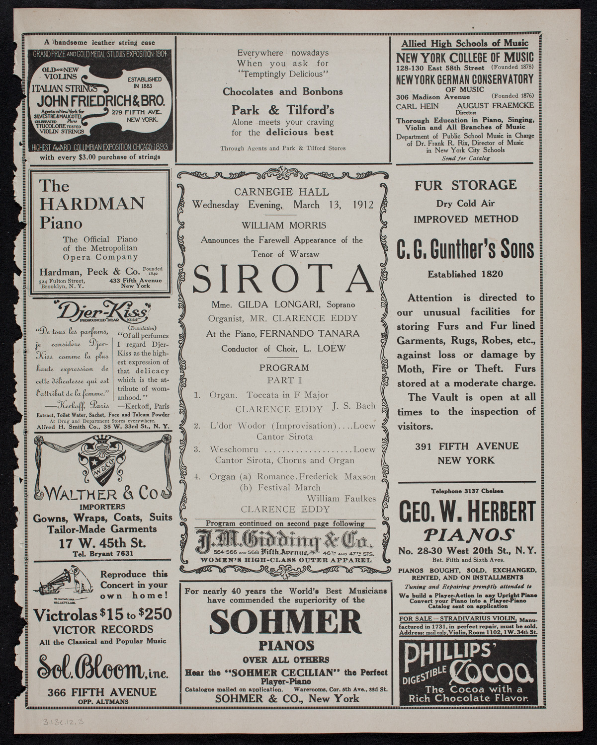 Cantor Sirota with Choir, March 13, 1912, program page 5