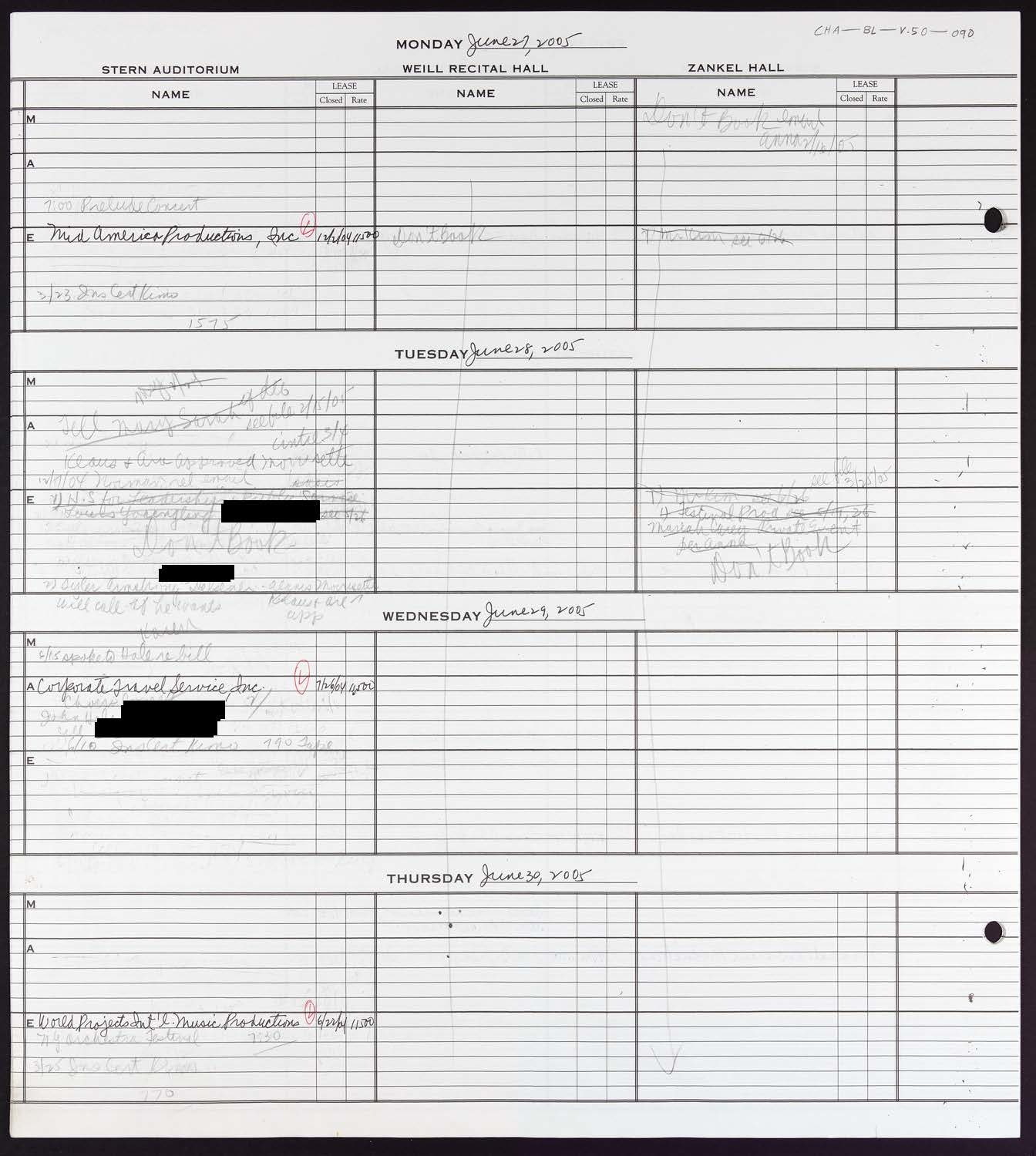 Carnegie Hall Booking Ledger, volume 50, page 90