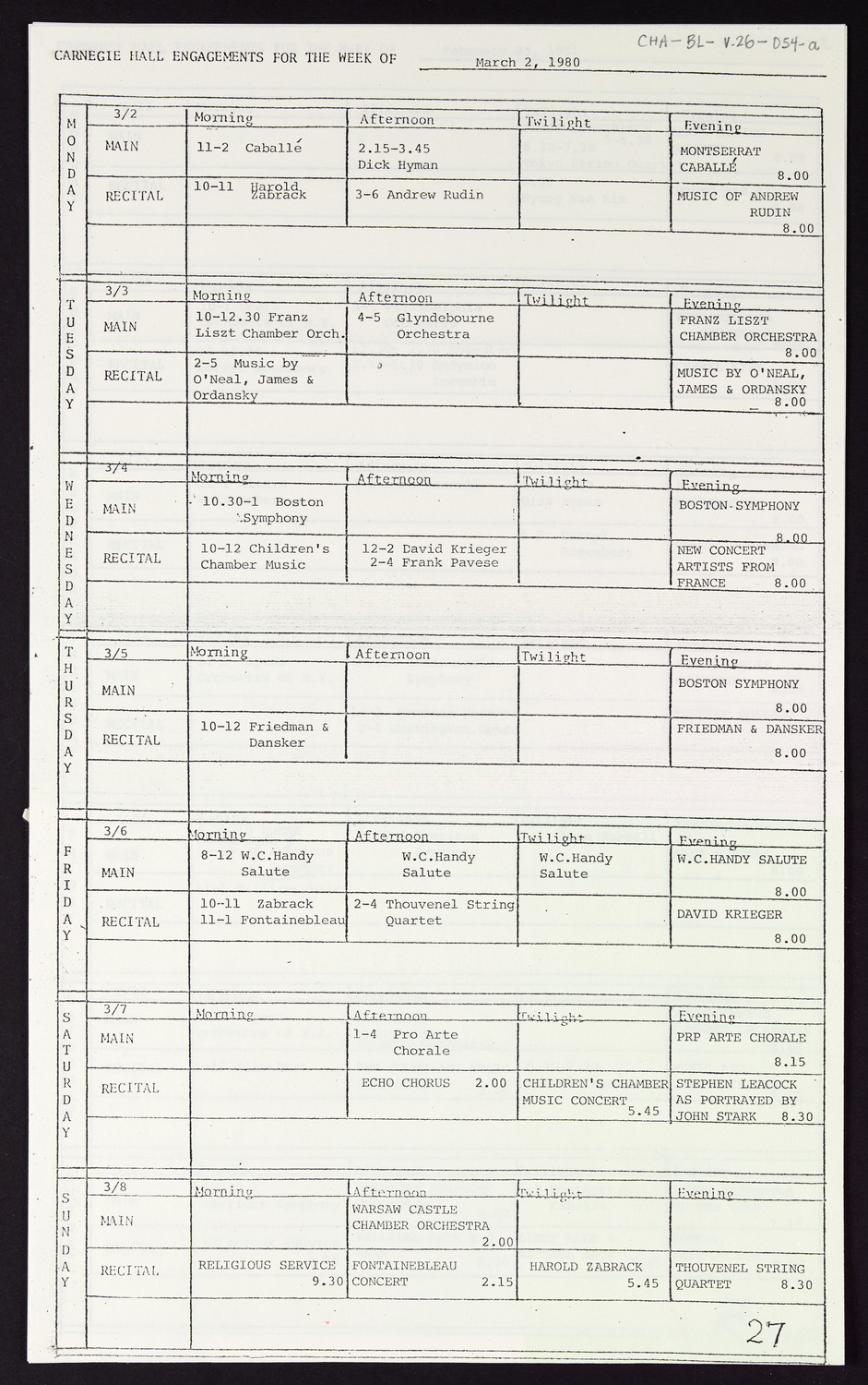 Carnegie Hall Booking Ledger, volume 26, page 54a