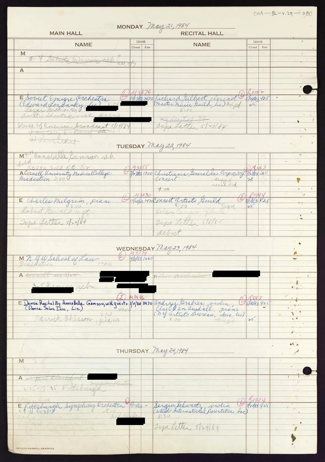 Carnegie Hall Booking Ledger, volume 29, page 80