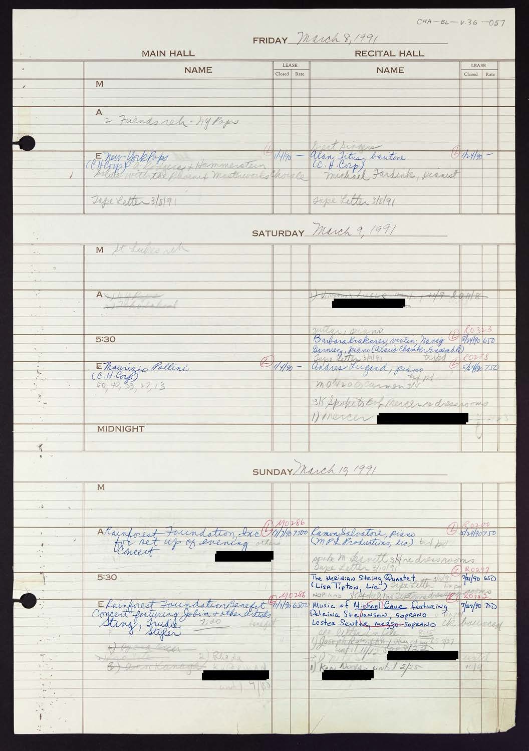 Carnegie Hall Booking Ledger, volume 36, page 57