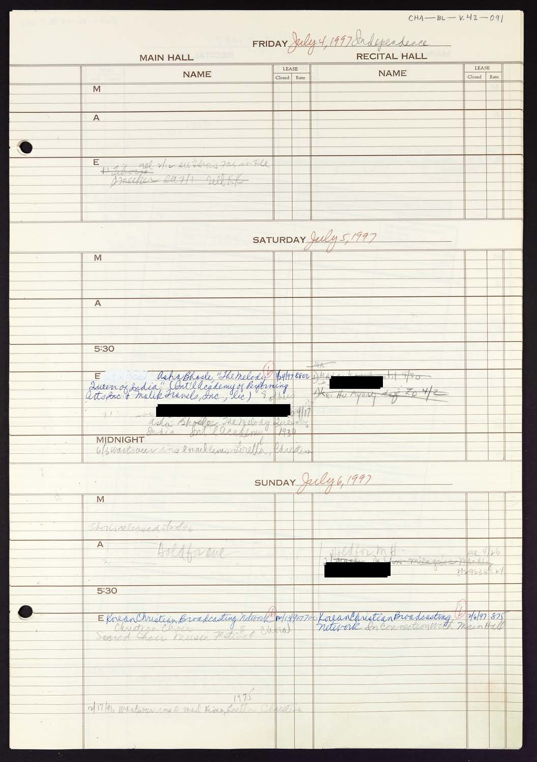 Carnegie Hall Booking Ledger, volume 42, page 91