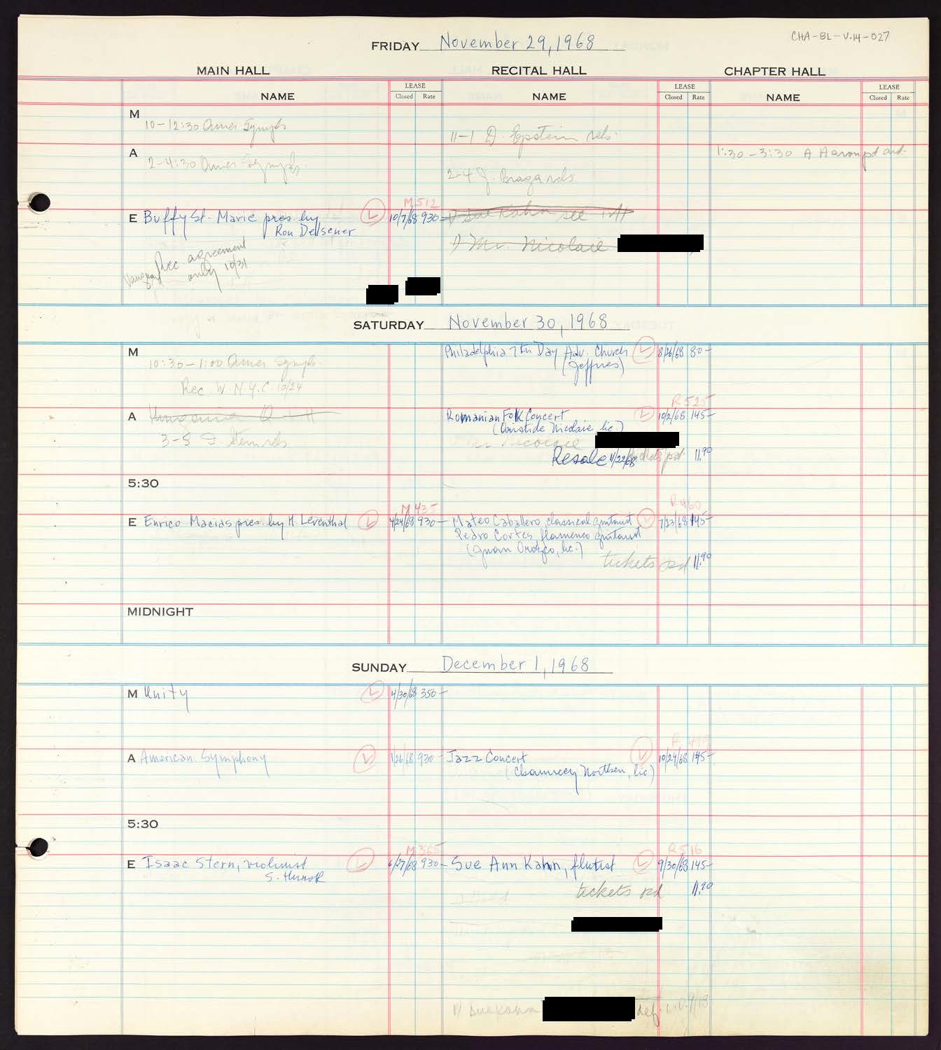 Carnegie Hall Booking Ledger, volume 14, page 27