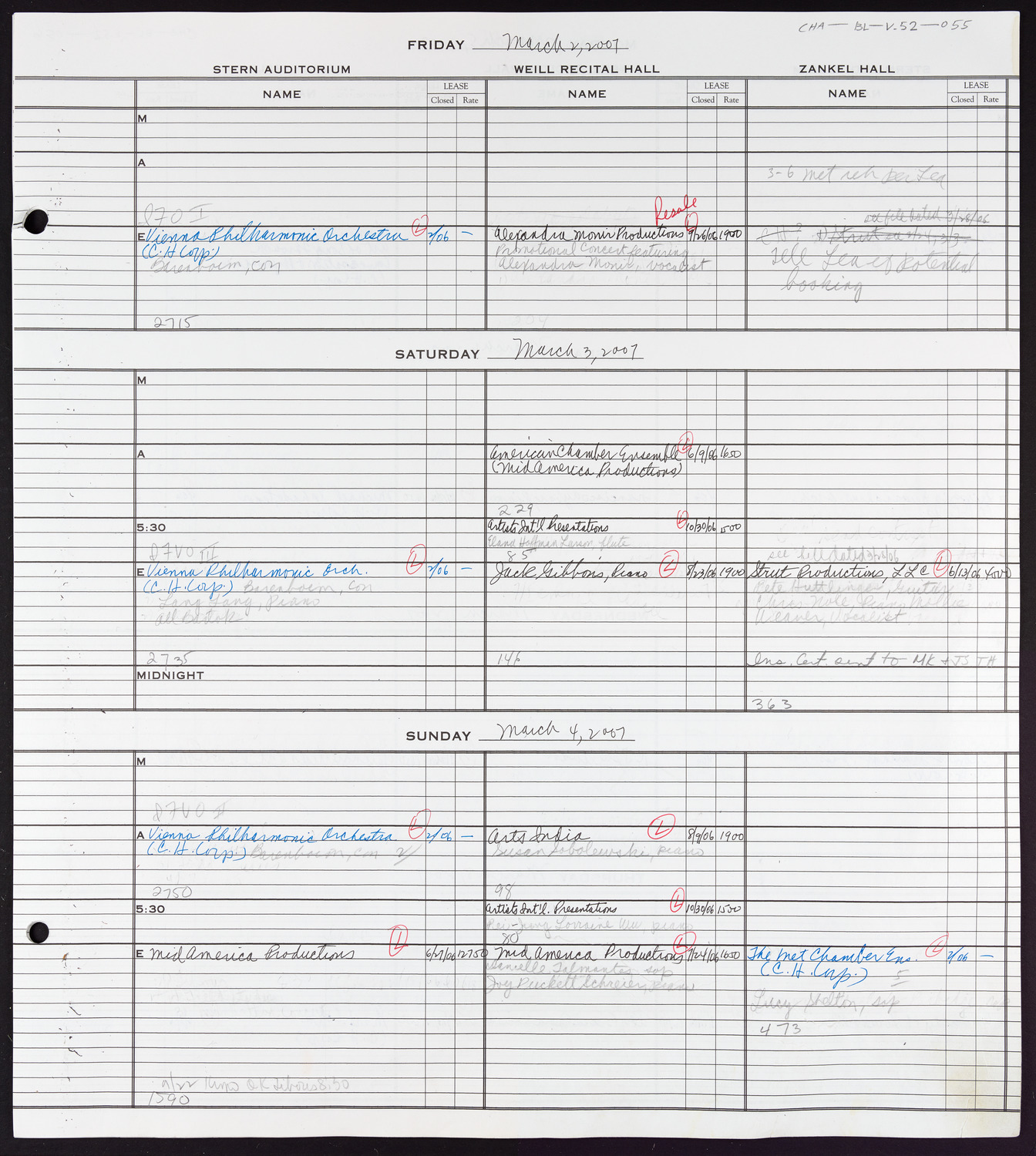 Carnegie Hall Booking Ledger, volume 52, page 55