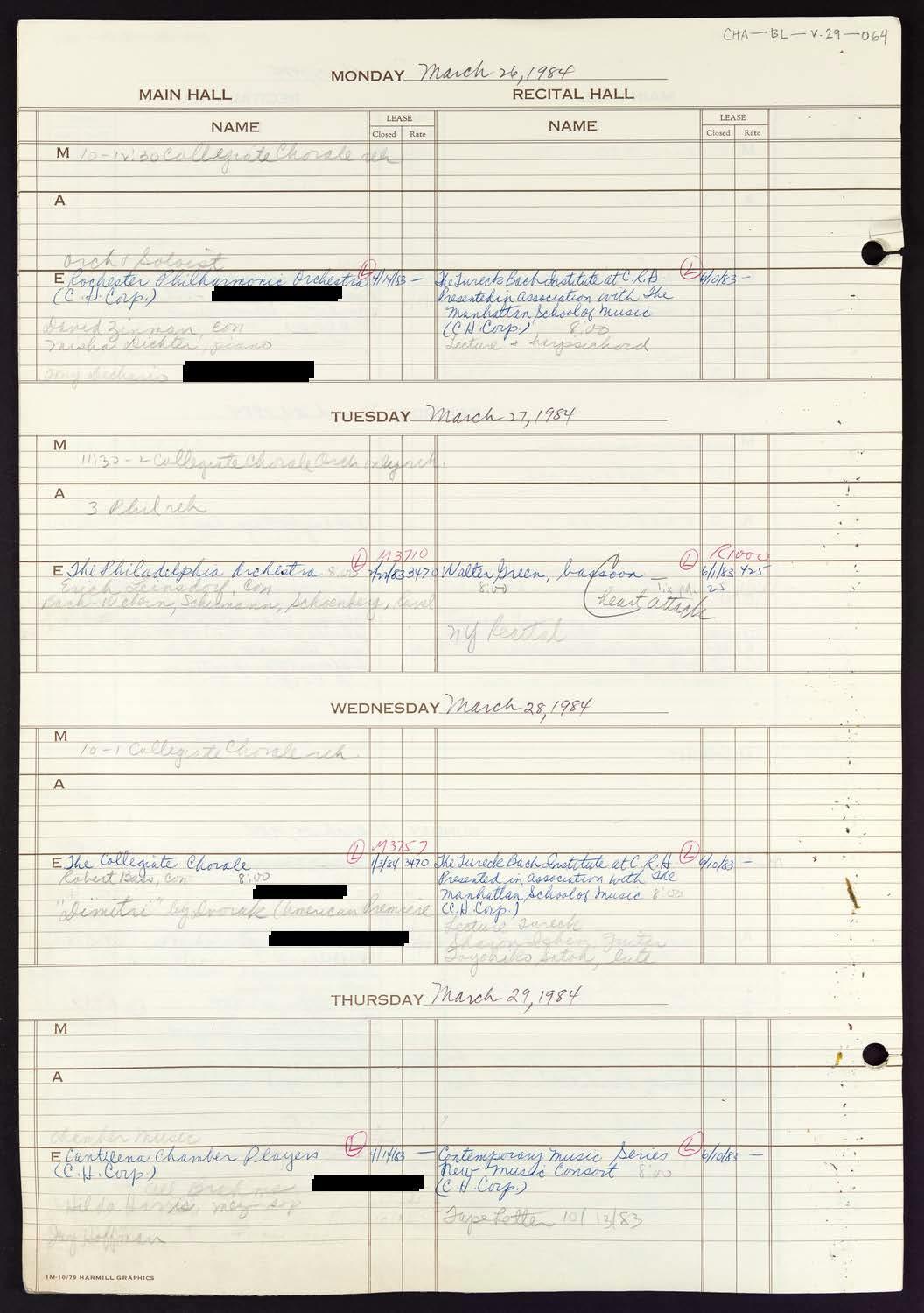 Carnegie Hall Booking Ledger, volume 29, page 64