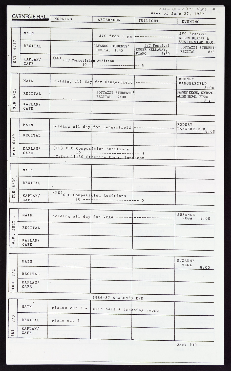 Carnegie Hall Booking Ledger, volume 32, page 89a