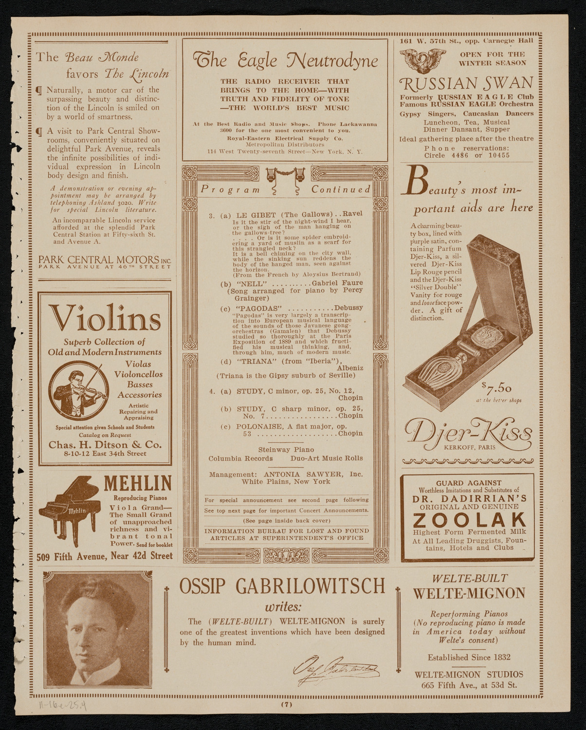 Percy Grainger, Piano, November 16, 1925, program page 7