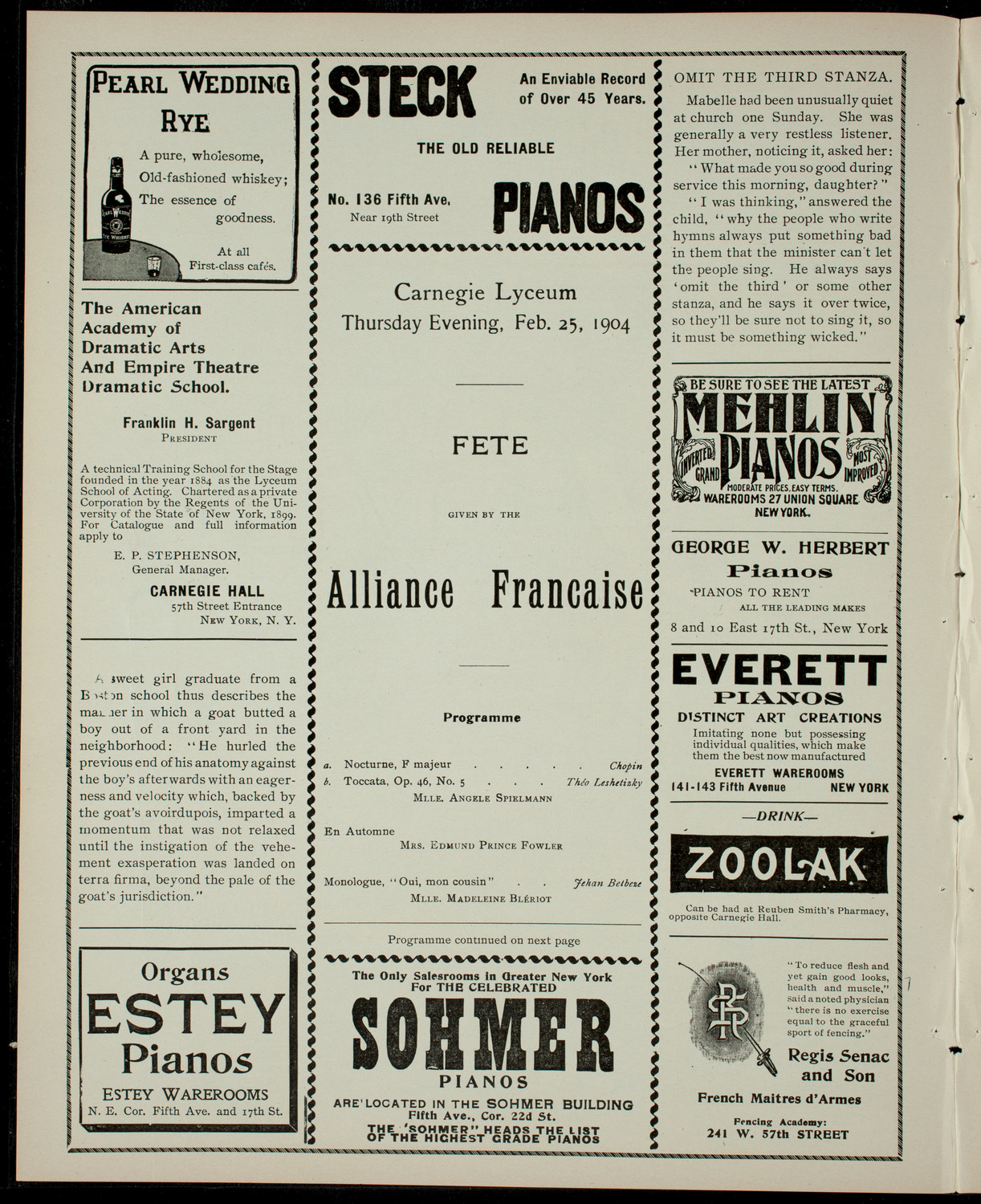 Fete give by L'Alliance Française, February 25, 1904, program page 2