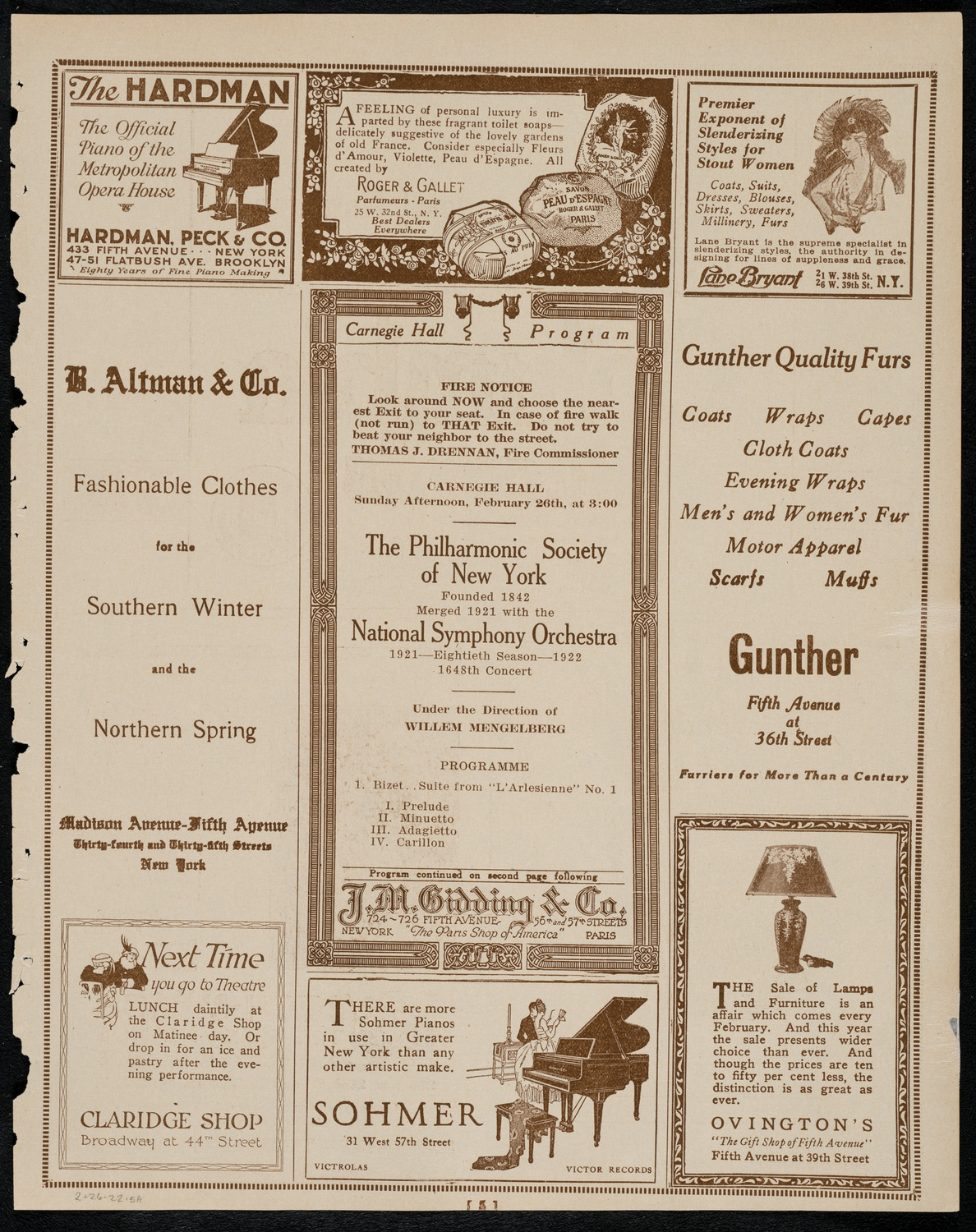 New York Philharmonic, February 26, 1922, program page 5