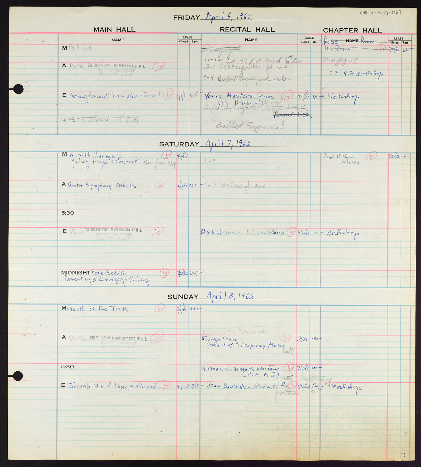 Carnegie Hall Booking Ledger, volume 7, page 67