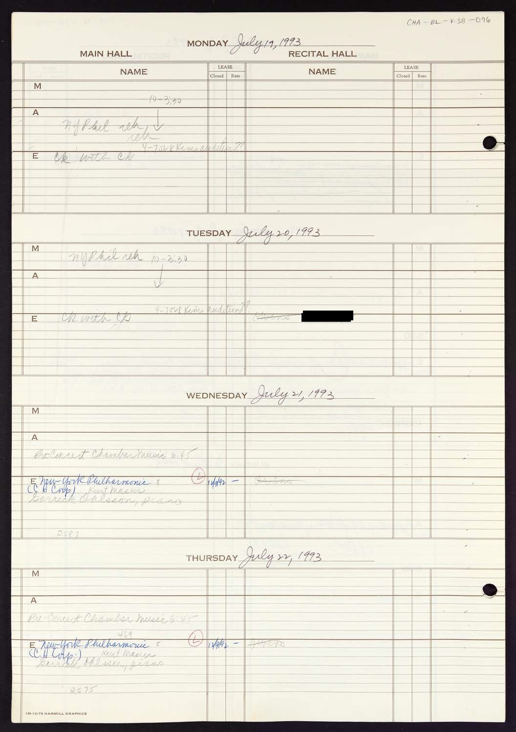 Carnegie Hall Booking Ledger, volume 38, page 96