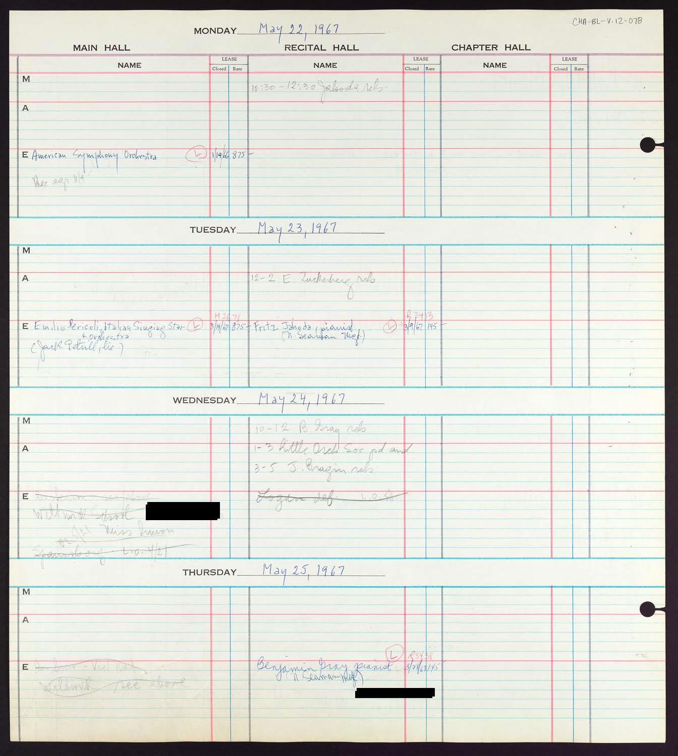 Carnegie Hall Booking Ledger, volume 12, page 78