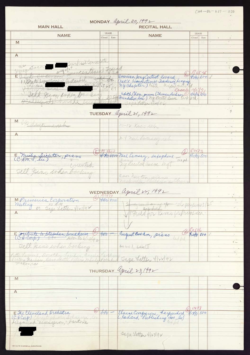 Carnegie Hall Booking Ledger, volume 37, page 70