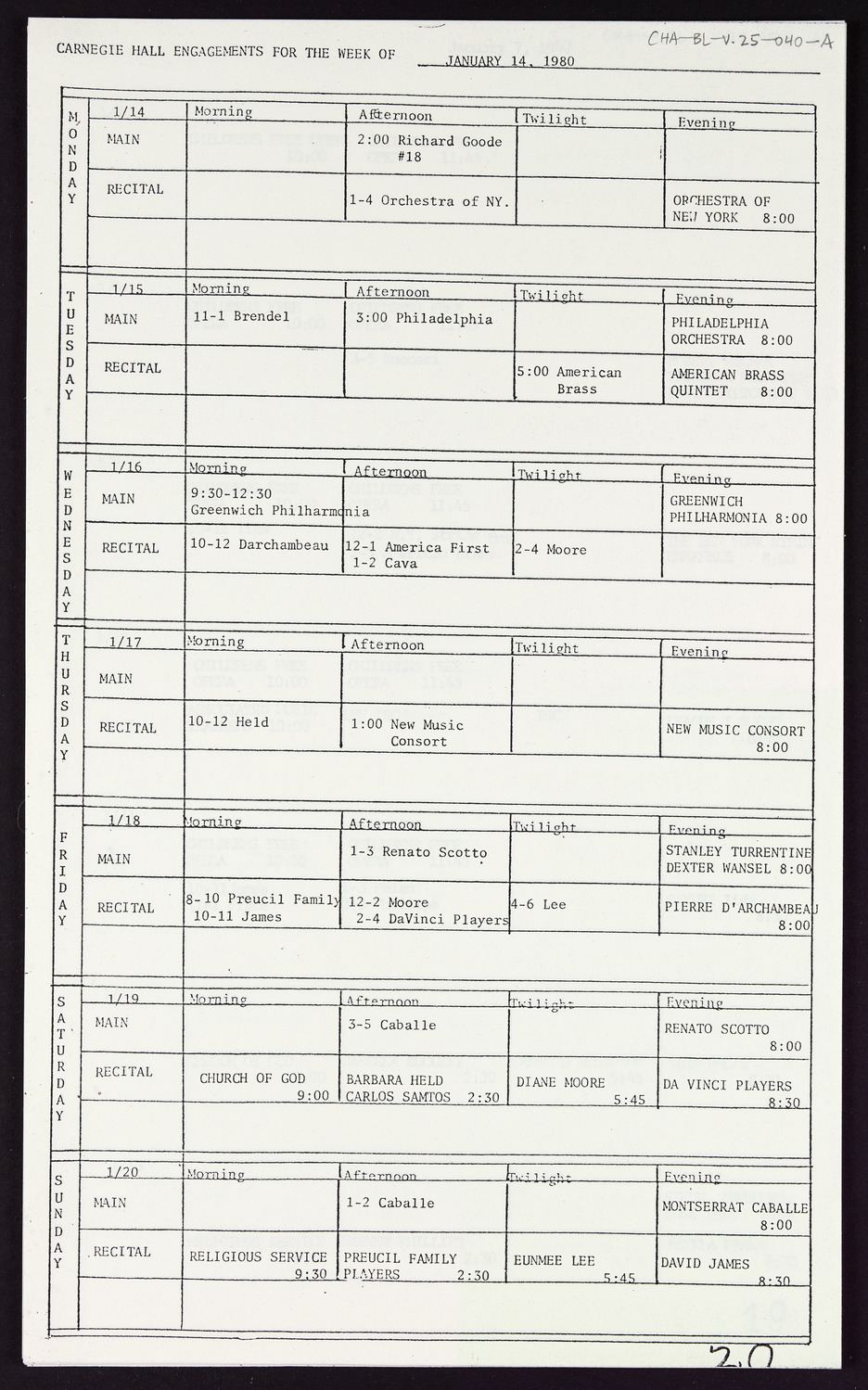 Carnegie Hall Booking Ledger, volume 25, page 40a