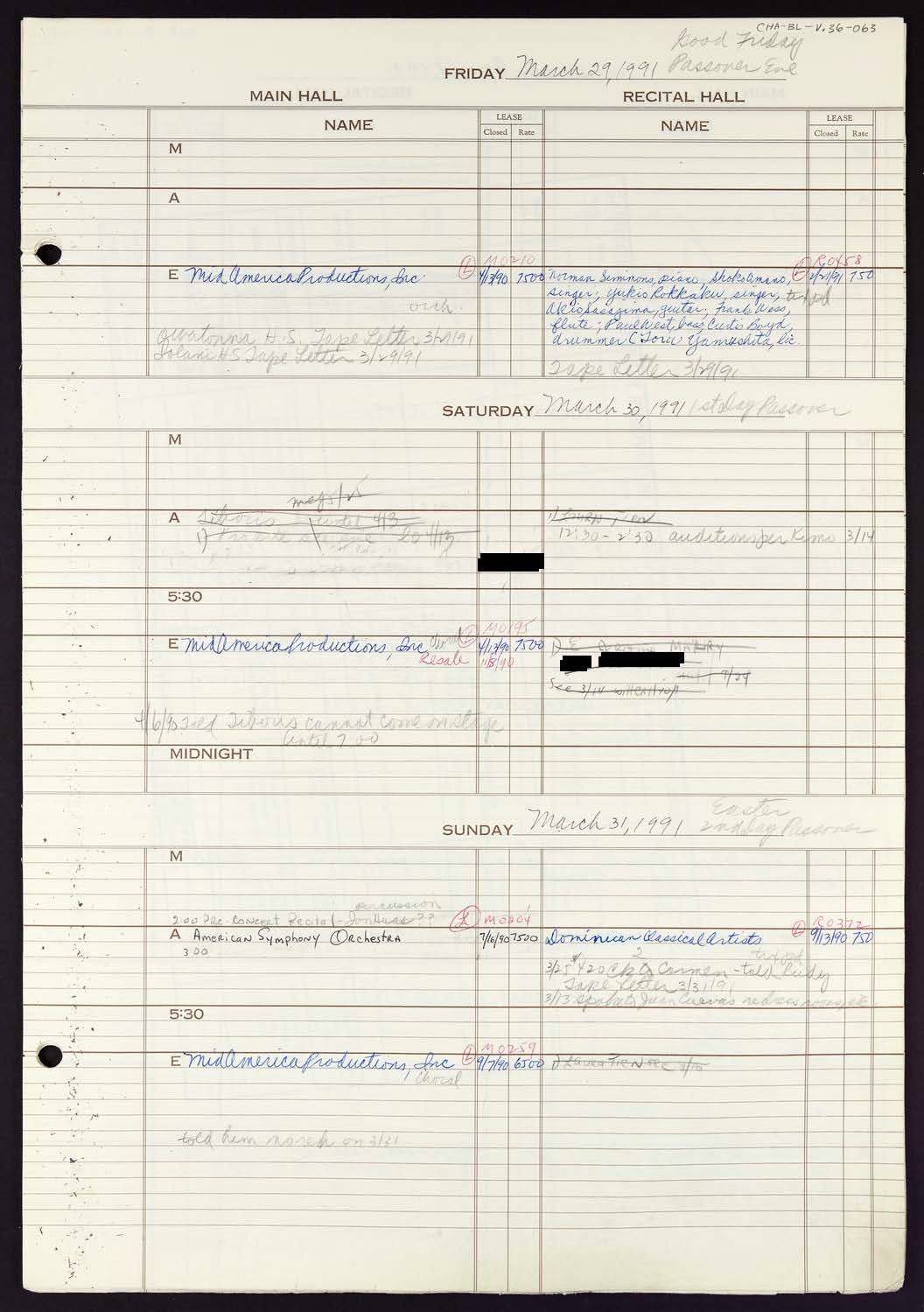 Carnegie Hall Booking Ledger, volume 36, page 63