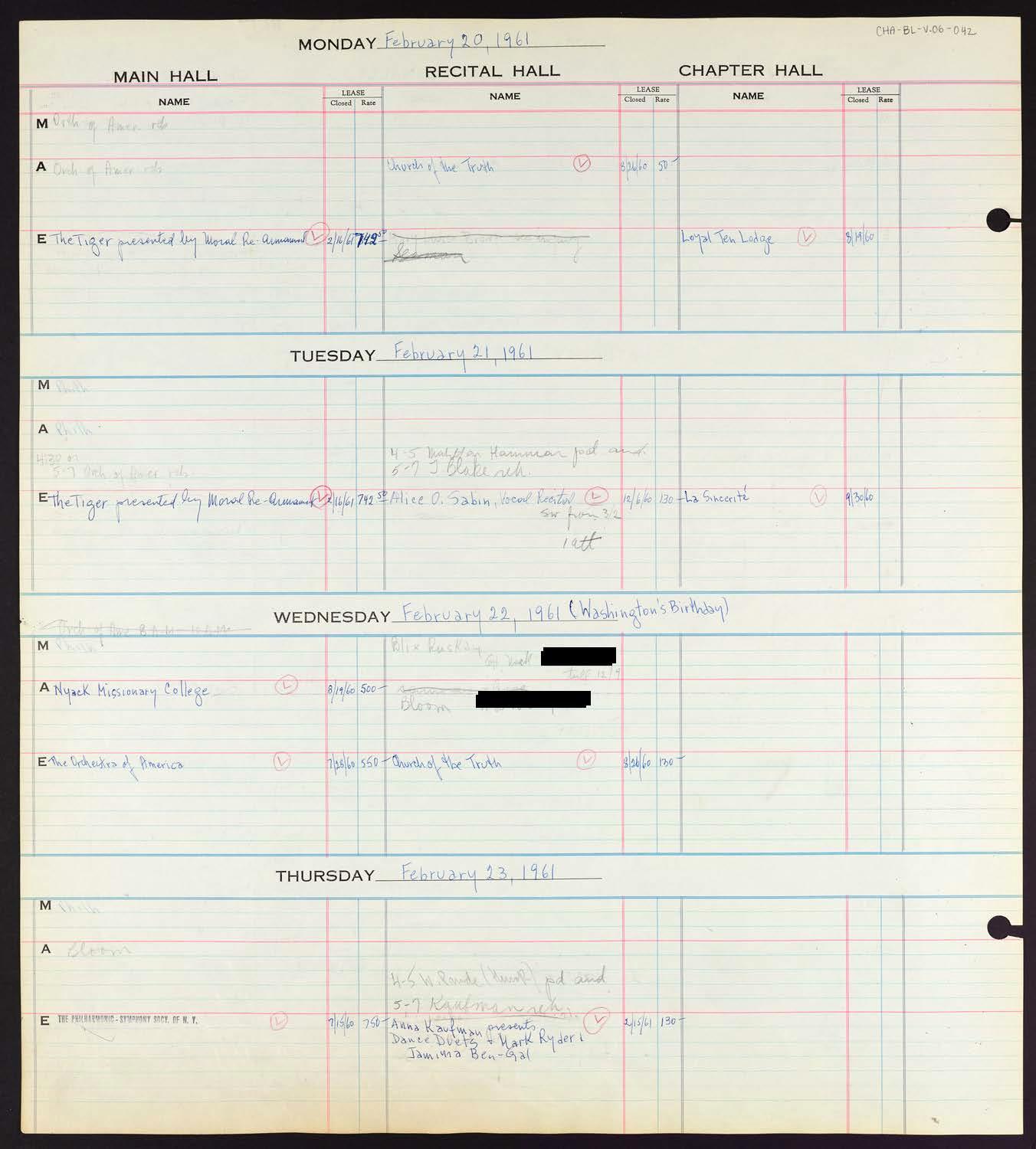 Carnegie Hall Booking Ledger, volume 6, page 42