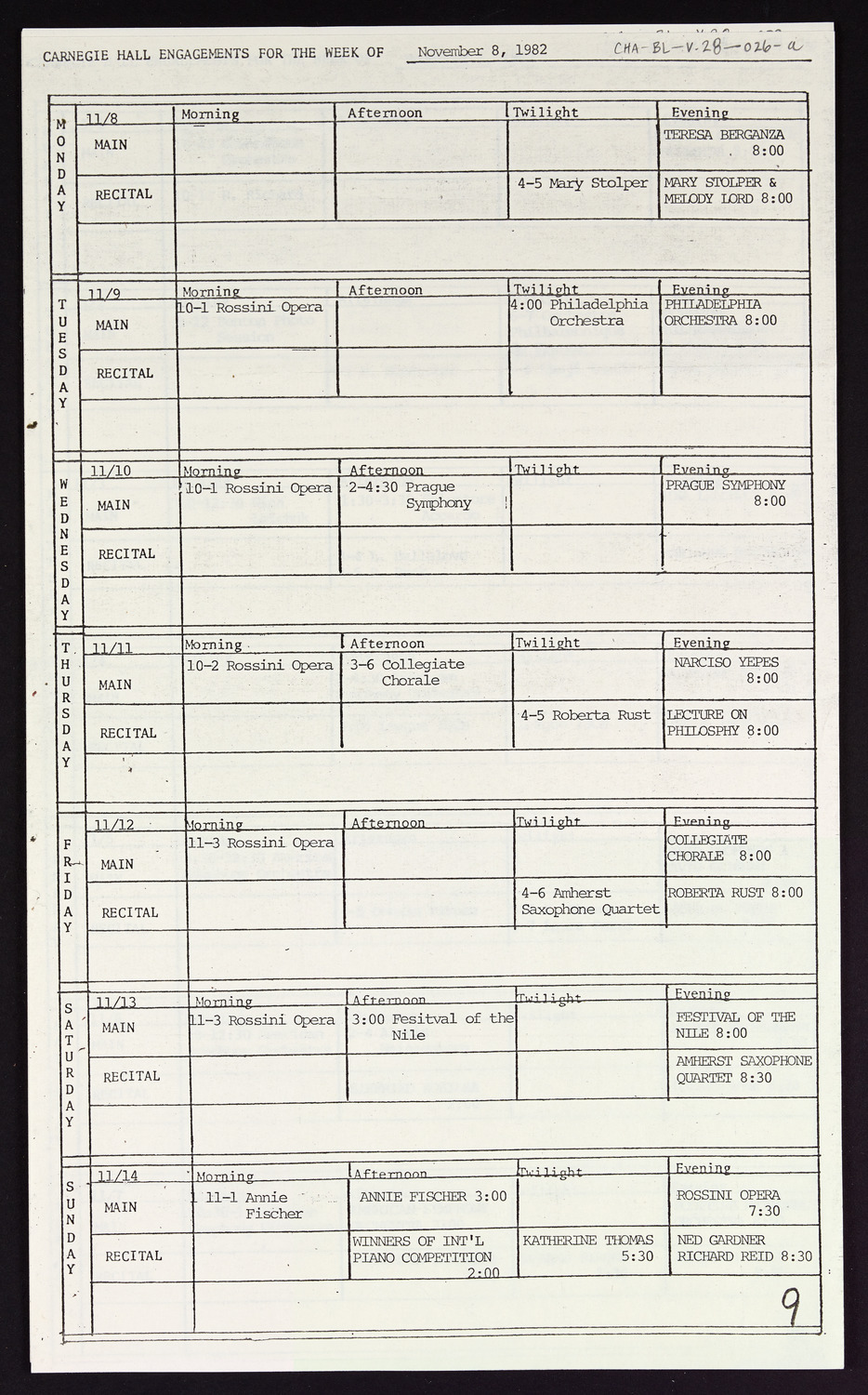 Carnegie Hall Booking Ledger, volume 28, page 26a