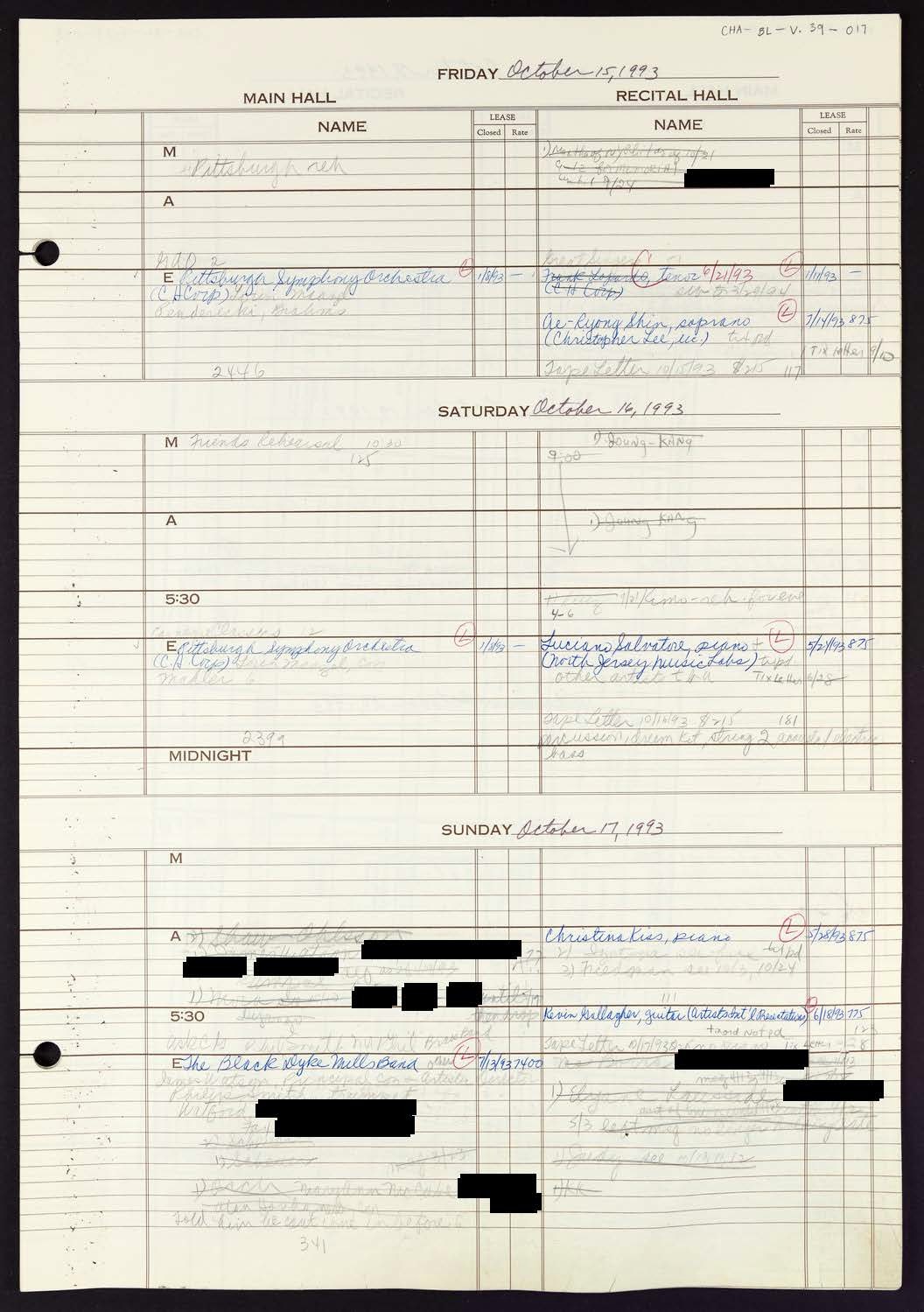 Carnegie Hall Booking Ledger, volume 39, page 17