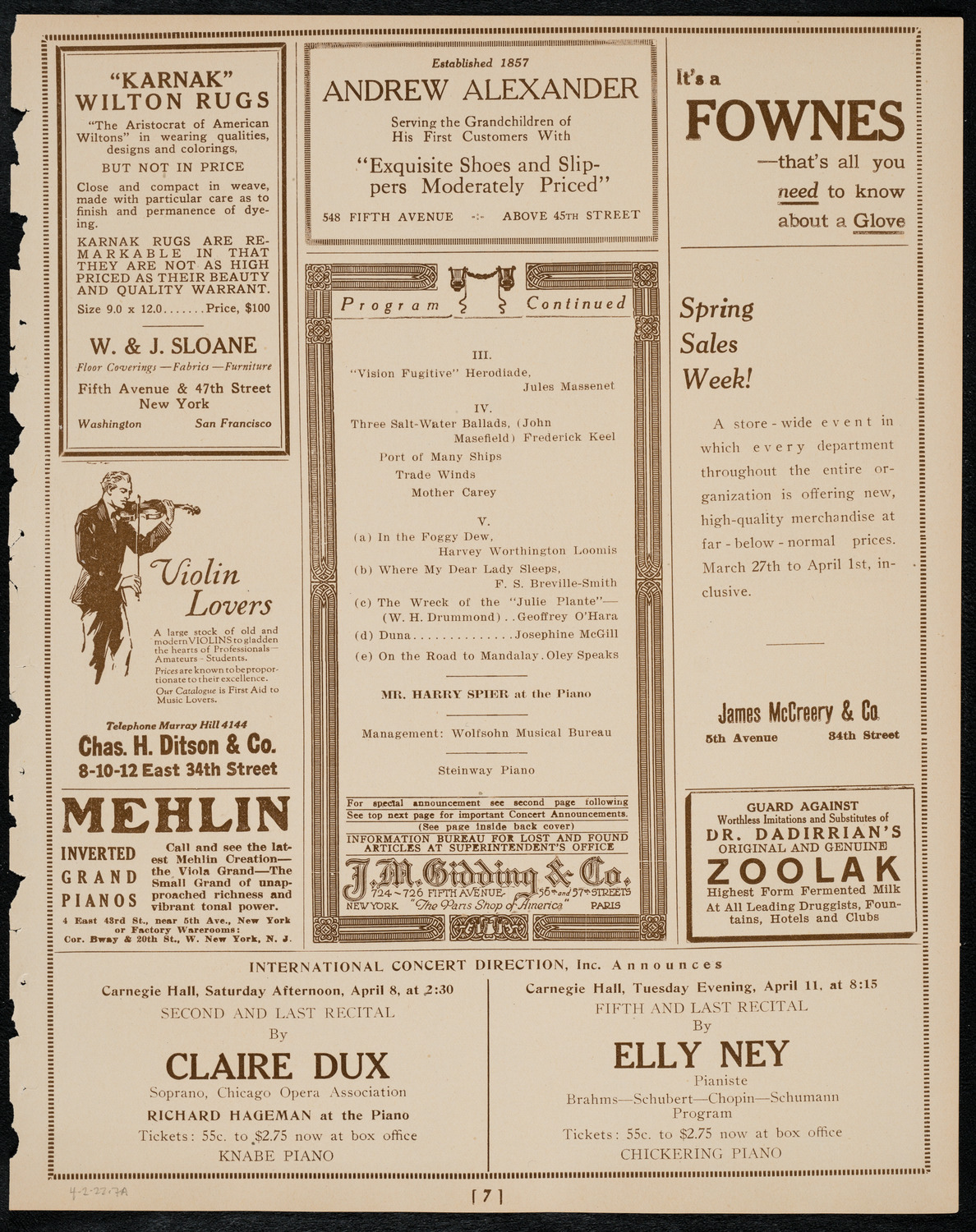 Reinald Werrenrath, Baritone, April 2, 1922, program page 7