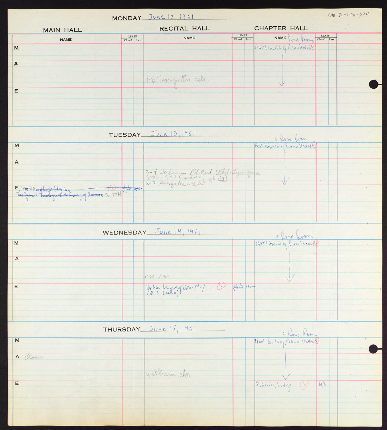 Carnegie Hall Booking Ledger, volume 6, page 74