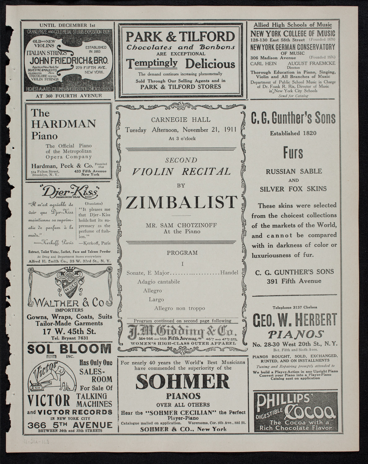 Efrem Zimbalist, Violin, November 21, 1911, program page 5