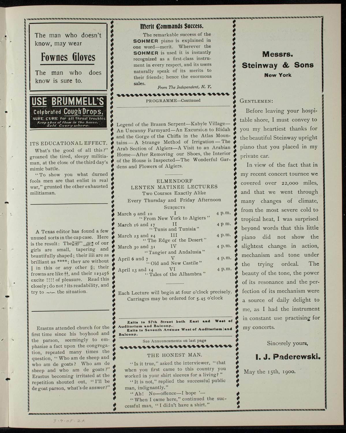Elmendorf Lecture: From New York to Algiers, March 9, 1905, program page 3