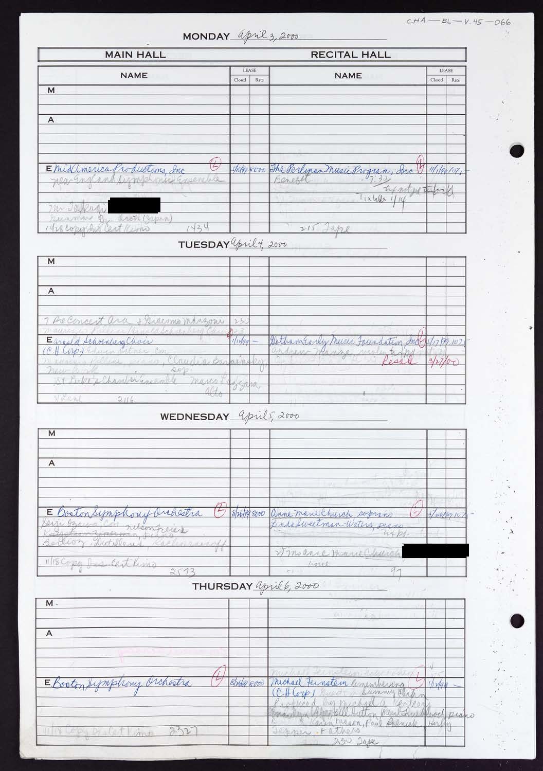 Carnegie Hall Booking Ledger, volume 45, page 66