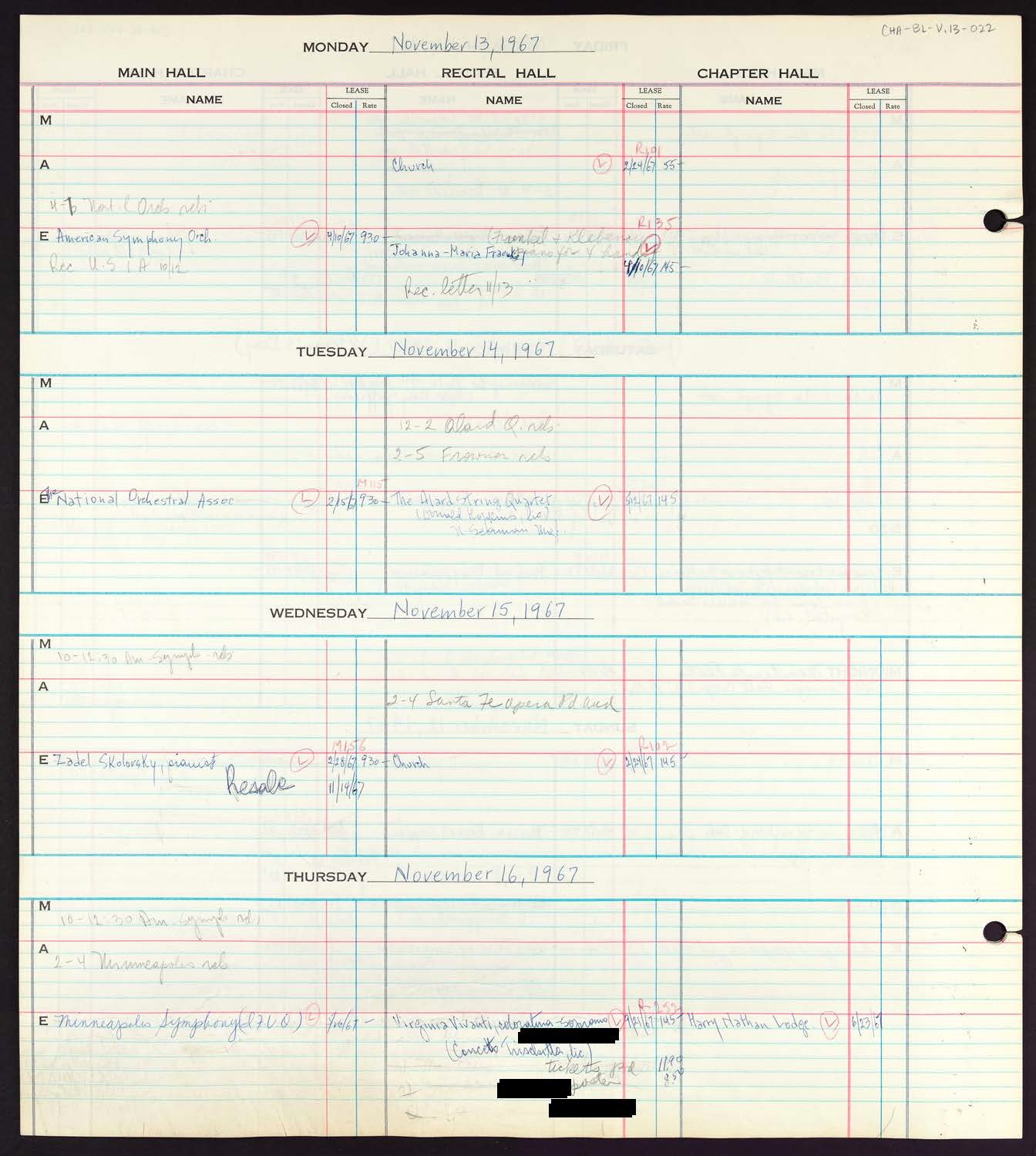 Carnegie Hall Booking Ledger, volume 13, page 22